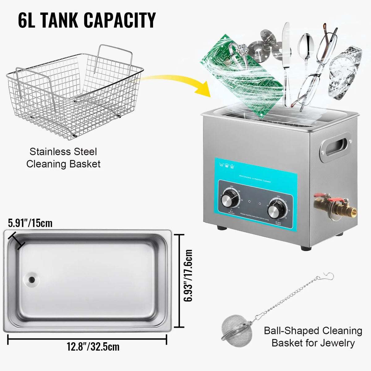 VEVOR 6 L Ultrasonic Cleaner with Heater and Timer, Professional Grade 304 Stainless Steel Cleaning Machine with Manual Control for Jewellery, Glasses, Watches, Dentures, Small Parts and Dental Instruments