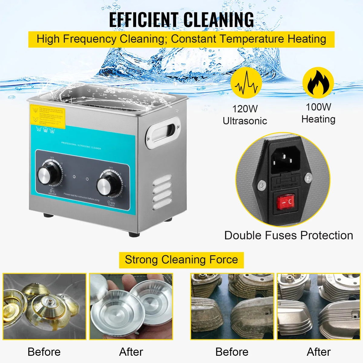 VEVOR Ultrasonic Cleaner with Mechanical Control 3 L, 40 kHz Ultrasonic Cleaning Machine with Button Control, 304 Stainless Steel Ultrasonic Cleaner with Heating and Timer for Jewellery, Glasses and Watch Cleaning