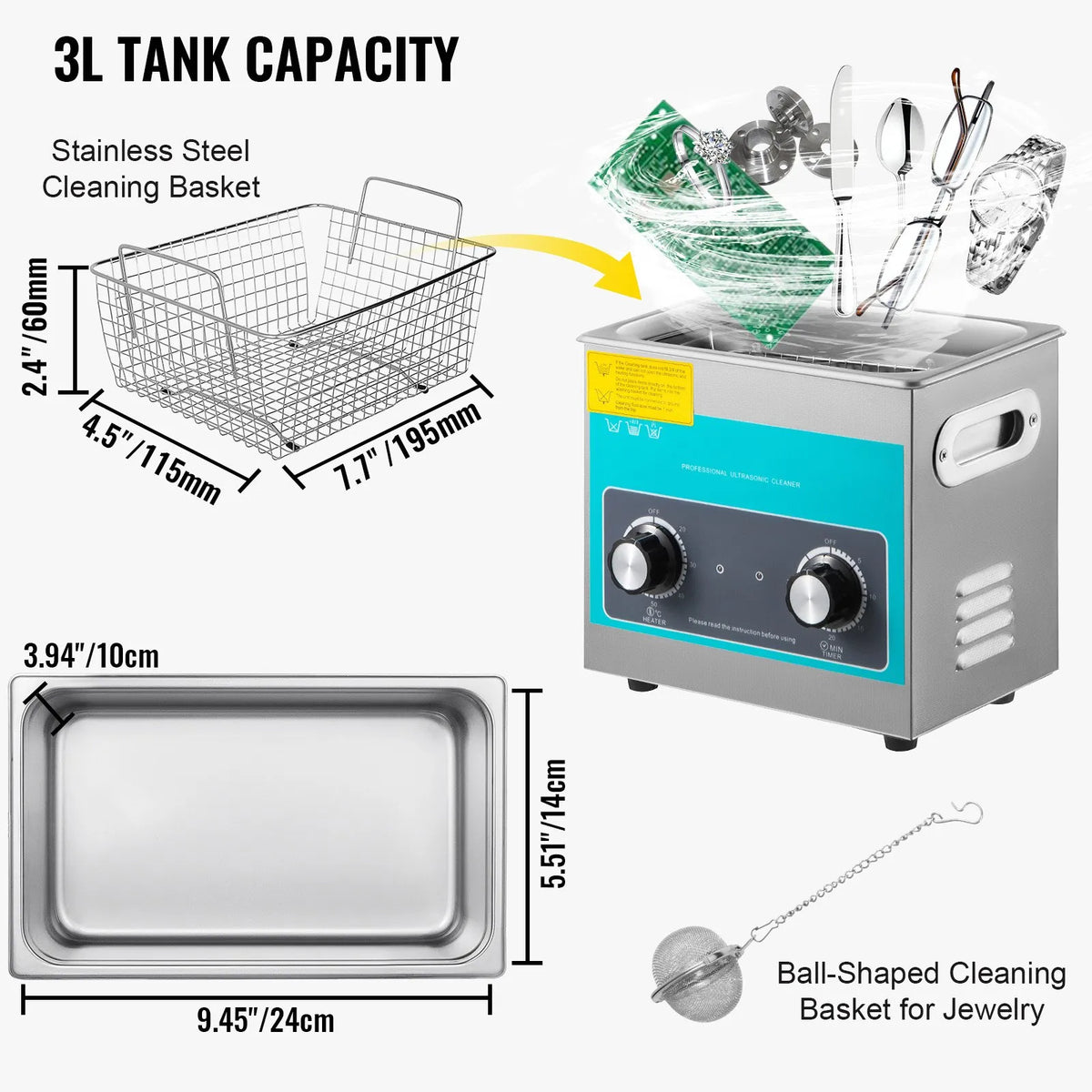 VEVOR Ultrasonic Cleaner with Mechanical Control 3 L, 40 kHz Ultrasonic Cleaning Machine with Button Control, 304 Stainless Steel Ultrasonic Cleaner with Heating and Timer for Jewellery, Glasses and Watch Cleaning
