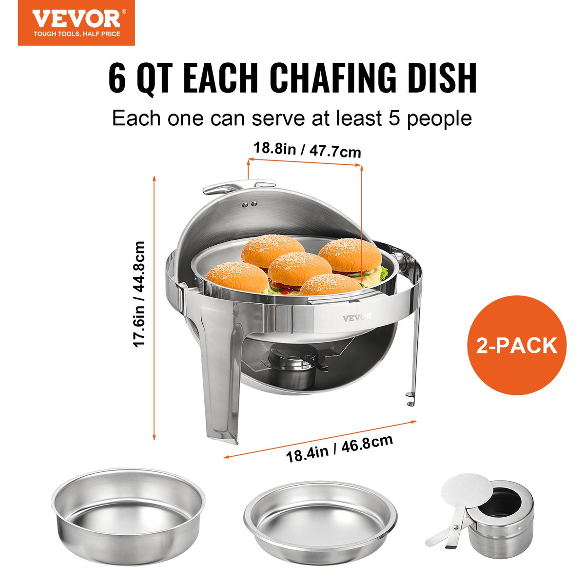 VEVOR Buffet Food Warmer Set Roll-Top 2 × 6 l with 2 Full-Size GN Pans and Burner Holder