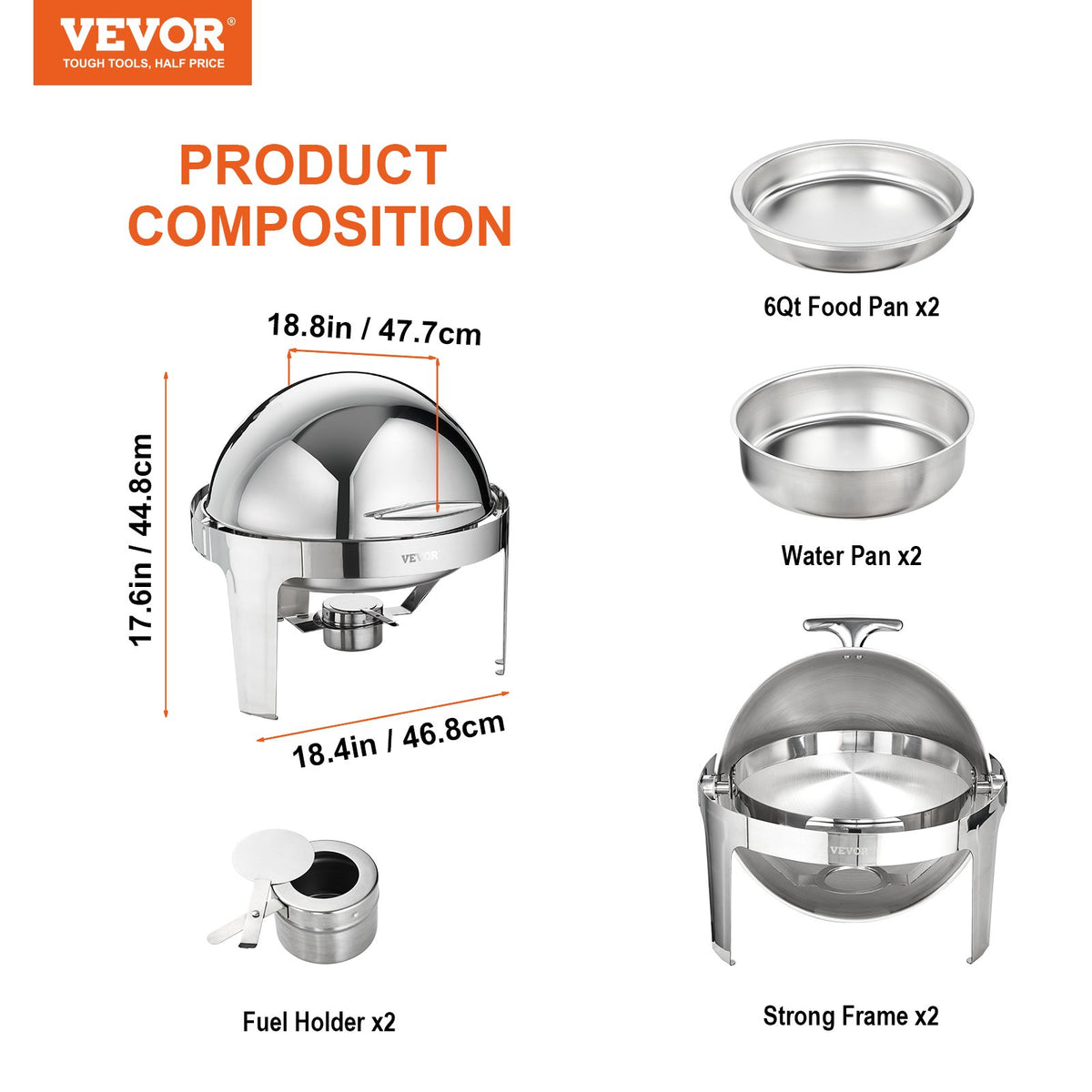 VEVOR Buffet Food Warmer Set Roll-Top 2 × 6 l with 2 Full-Size GN Pans and Burner Holder