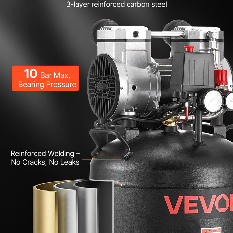 VEVOR 30 l gaisa kompresors, 1,5 kW, 113 l/min pie 6,2 bar, maks. spiediens 10 bar, bez eļļas, paredzēts auto remontam, riepu piepumpēšanai, krāsošanai un koka darbu naglošanai