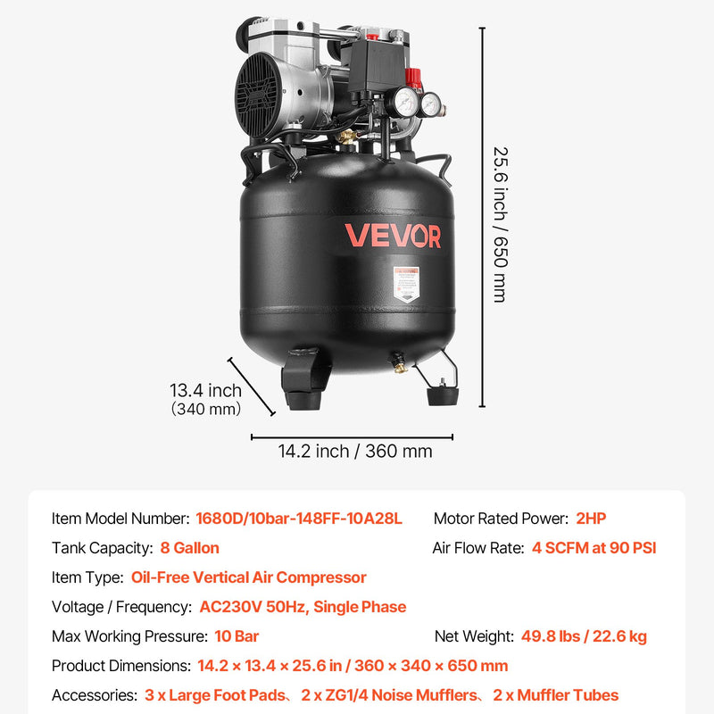 VEVOR 30 l gaisa kompresors, 1,5 kW, 113 l/min pie 6,2 bar, maks. spiediens 10 bar, bez eļļas, paredzēts auto remontam, riepu piepumpēšanai, krāsošanai un koka darbu naglošanai