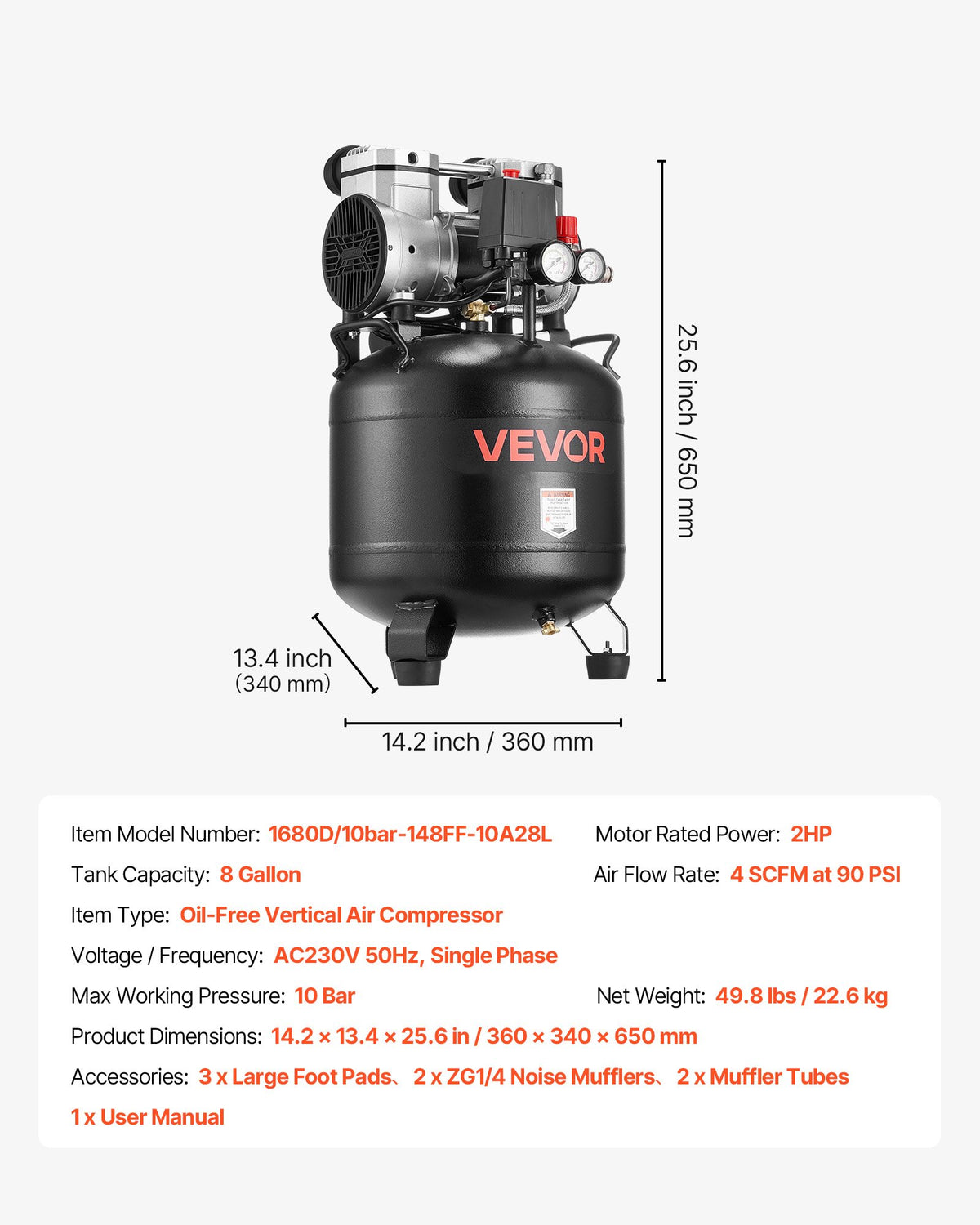VEVOR 30 l air compressor, 1.5 kW, 113 l/min at 6.2 bar, max pressure 10 bar, oil-free, for car repair, tyre inflation, painting and wood nailing