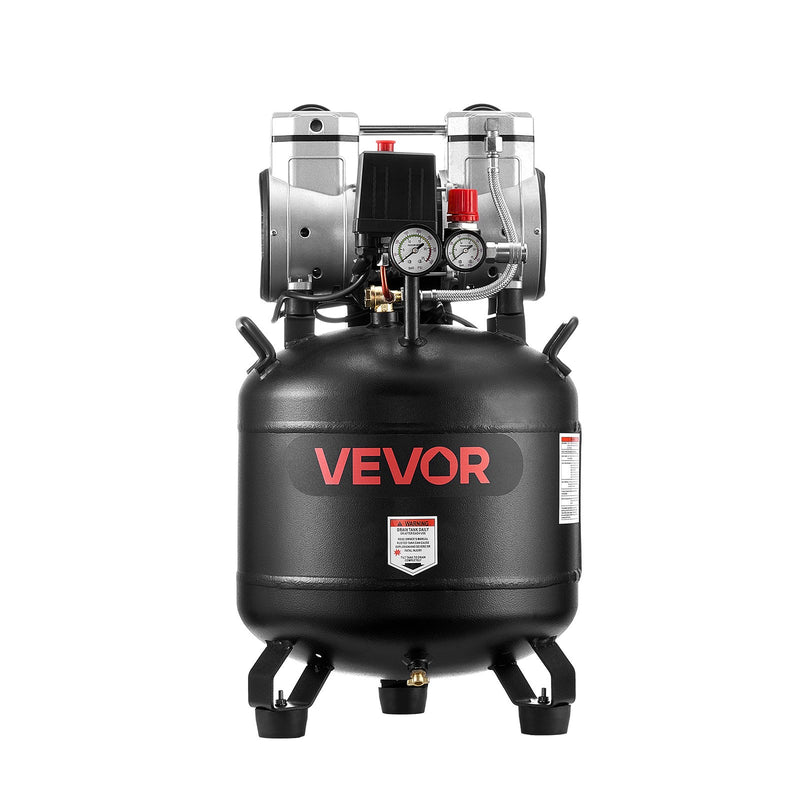 VEVOR 30 l gaisa kompresors, 1,5 kW, 113 l/min pie 6,2 bar, maks. spiediens 10 bar, bez eļļas, paredzēts auto remontam, riepu piepumpēšanai, krāsošanai un koka darbu naglošanai