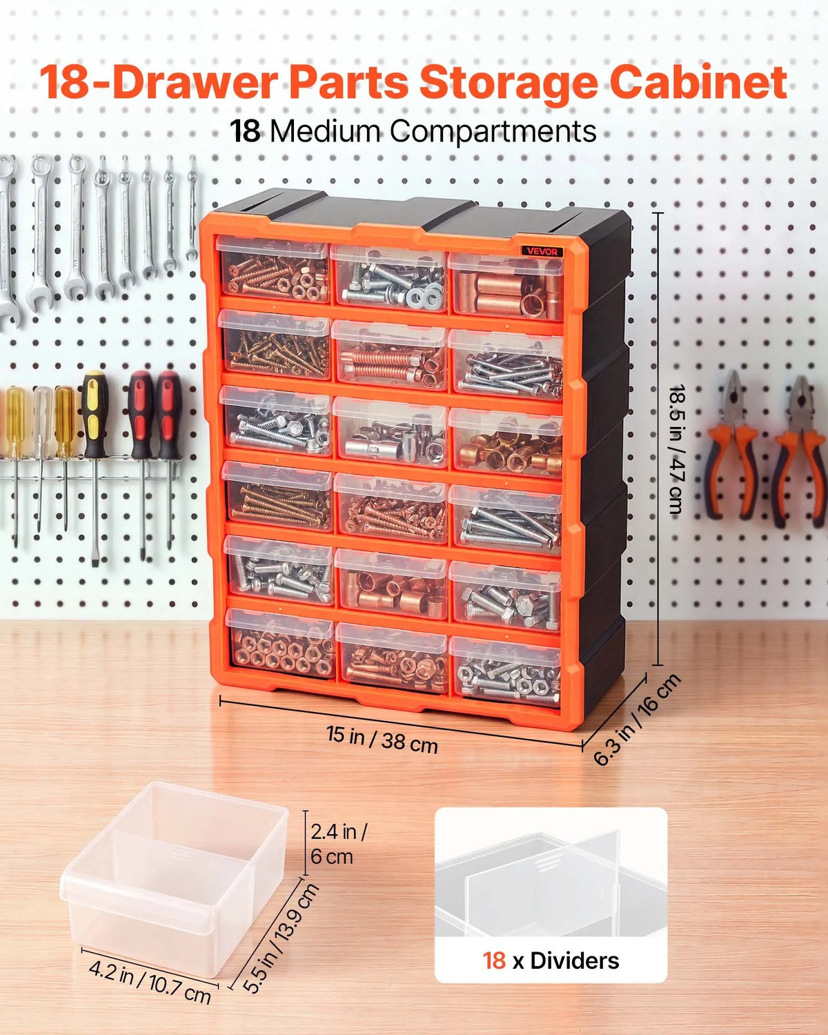 VEVOR 18-Drawer Small Parts Organiser, Plastic Storage Cabinet, Stackable and Wall-Mountable, for Garage, Workshop, Screws, Tools, Beads and Building Blocks