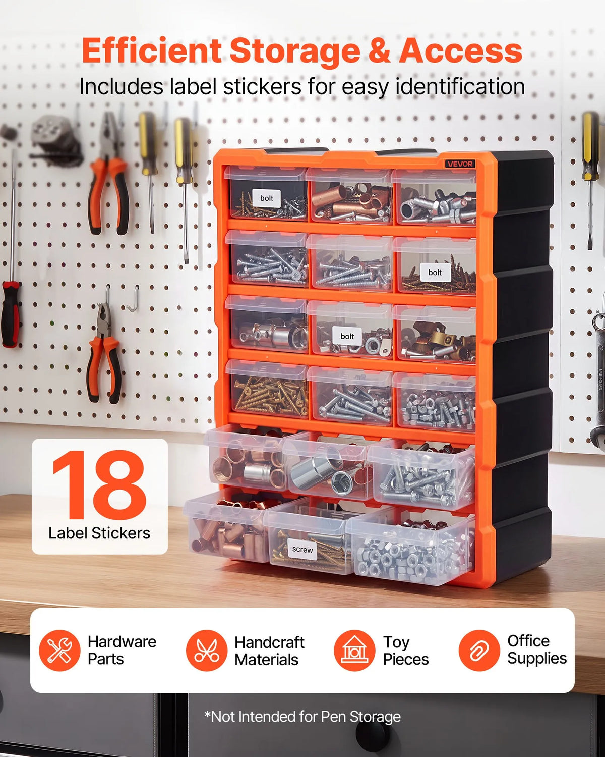 VEVOR 18-Drawer Small Parts Organiser, Plastic Storage Cabinet, Stackable and Wall-Mountable, for Garage, Workshop, Screws, Tools, Beads and Building Blocks