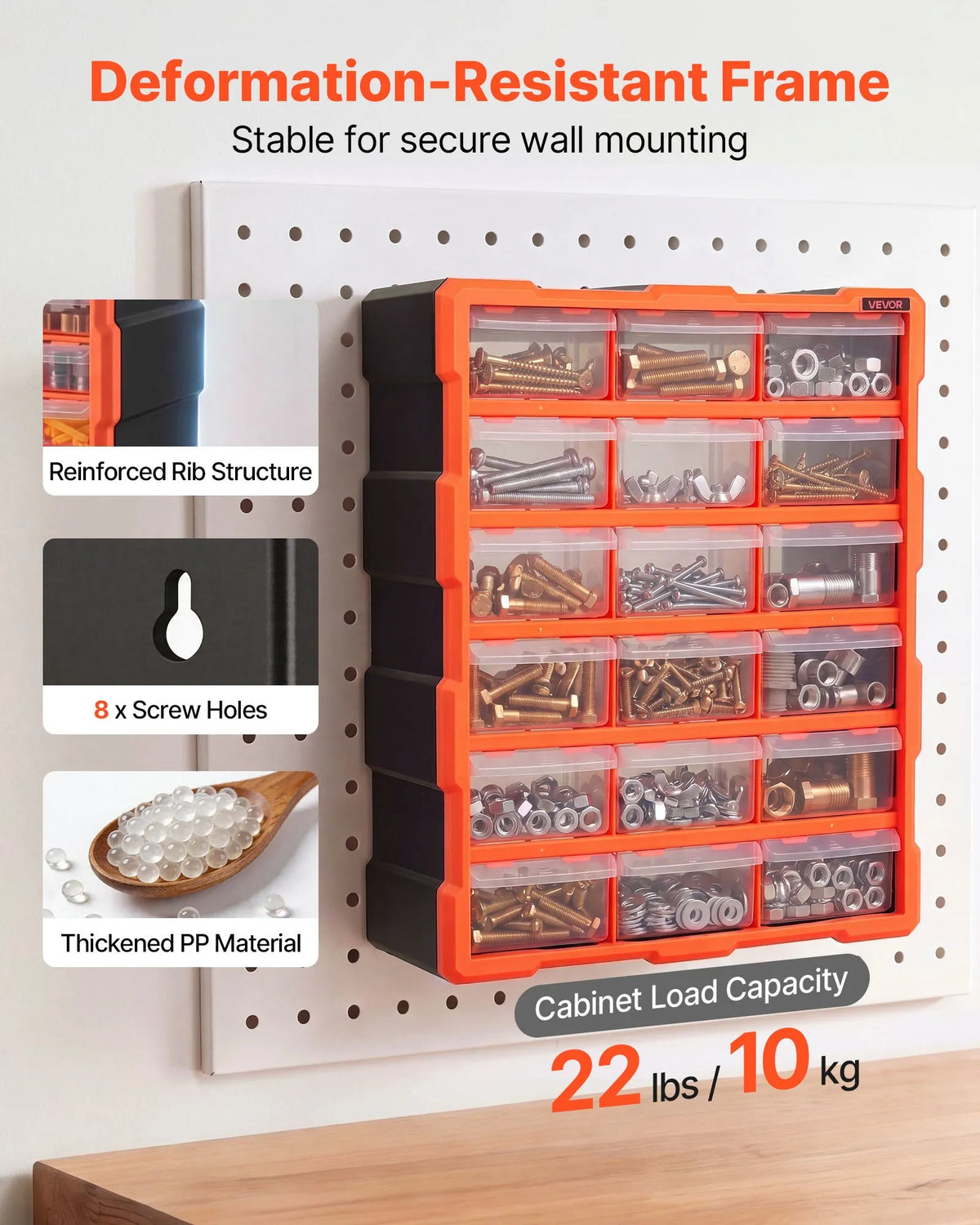VEVOR 18-Drawer Small Parts Organiser, Plastic Storage Cabinet, Stackable and Wall-Mountable, for Garage, Workshop, Screws, Tools, Beads and Building Blocks