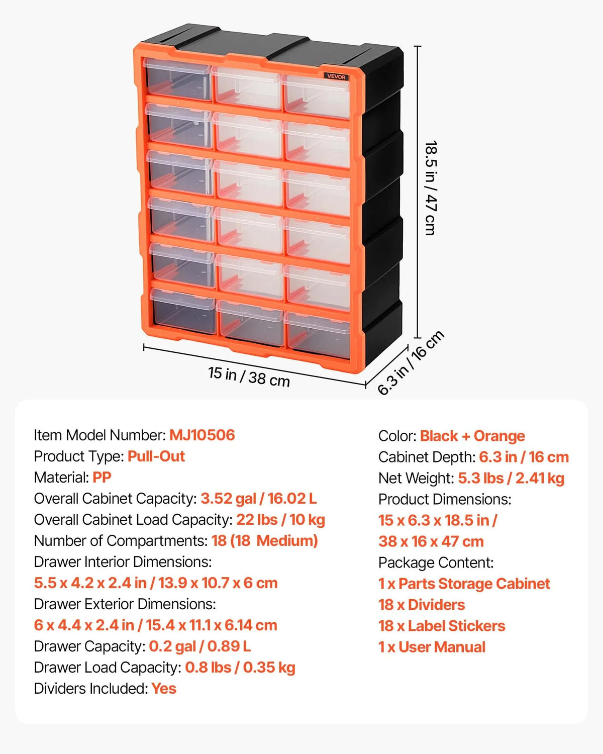 VEVOR 18-Drawer Small Parts Organiser, Plastic Storage Cabinet, Stackable and Wall-Mountable, for Garage, Workshop, Screws, Tools, Beads and Building Blocks