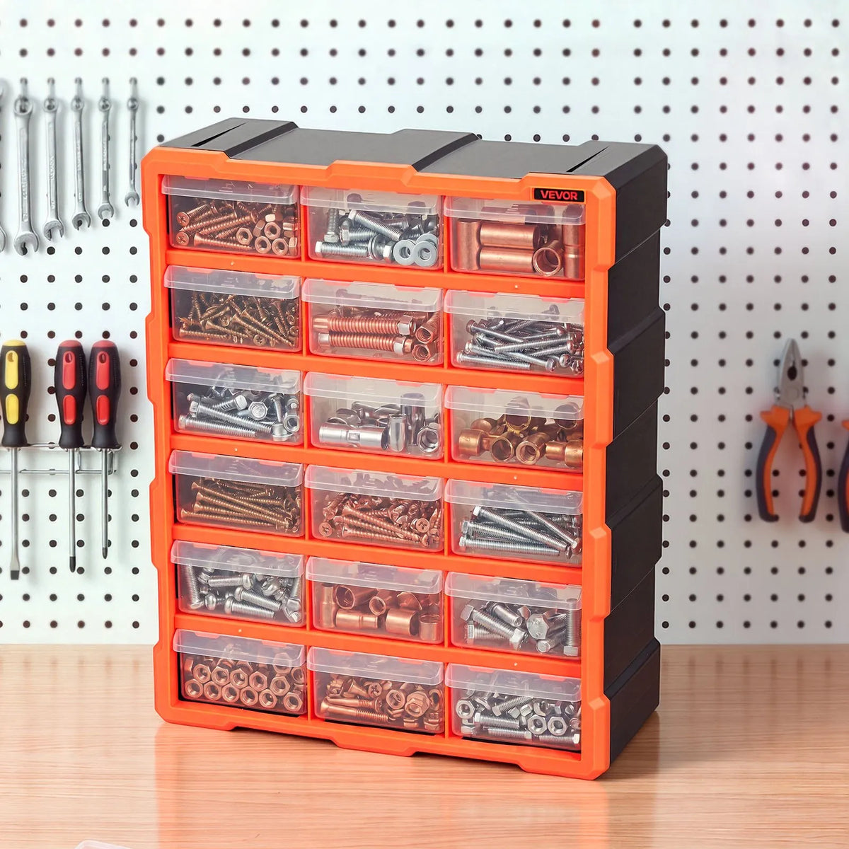 VEVOR 18-Drawer Small Parts Organiser, Plastic Storage Cabinet, Stackable and Wall-Mountable, for Garage, Workshop, Screws, Tools, Beads and Building Blocks