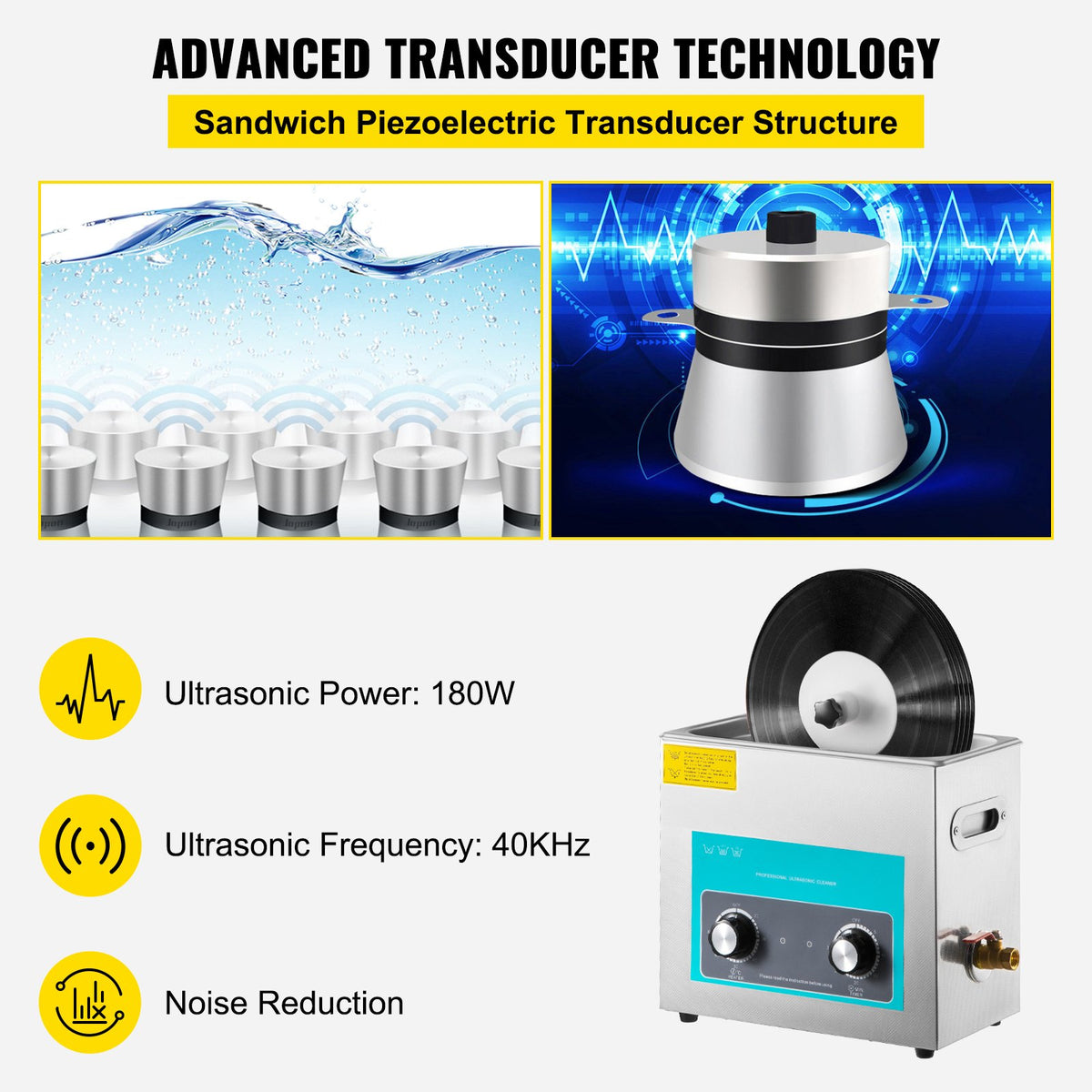 VEVOR Ultrasonic Vinyl Record Cleaner 6L | 40 kHz | Manual Control | Stainless Steel Tank