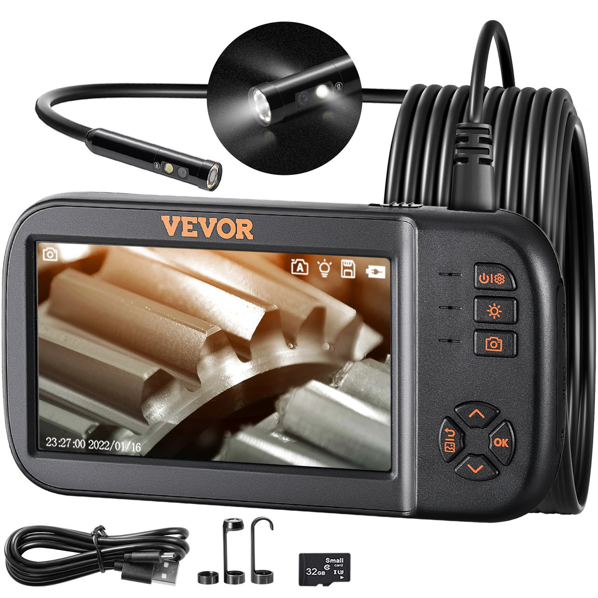 VEVOR Three-Lens Endoscope Camera with 11.43 cm IPS Screen, 1080P Lens, Semi-Rigid Cable Structure, IP67 Waterproof