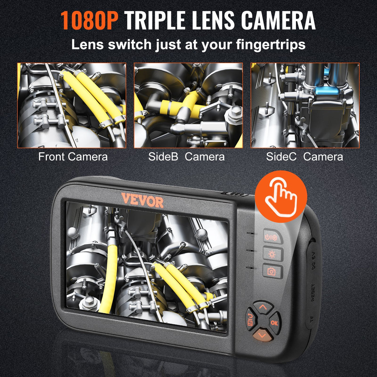 VEVOR Three-Lens Endoscope Camera with 11.43 cm IPS Screen, 1080P Lens, Semi-Rigid Cable Structure, IP67 Waterproof