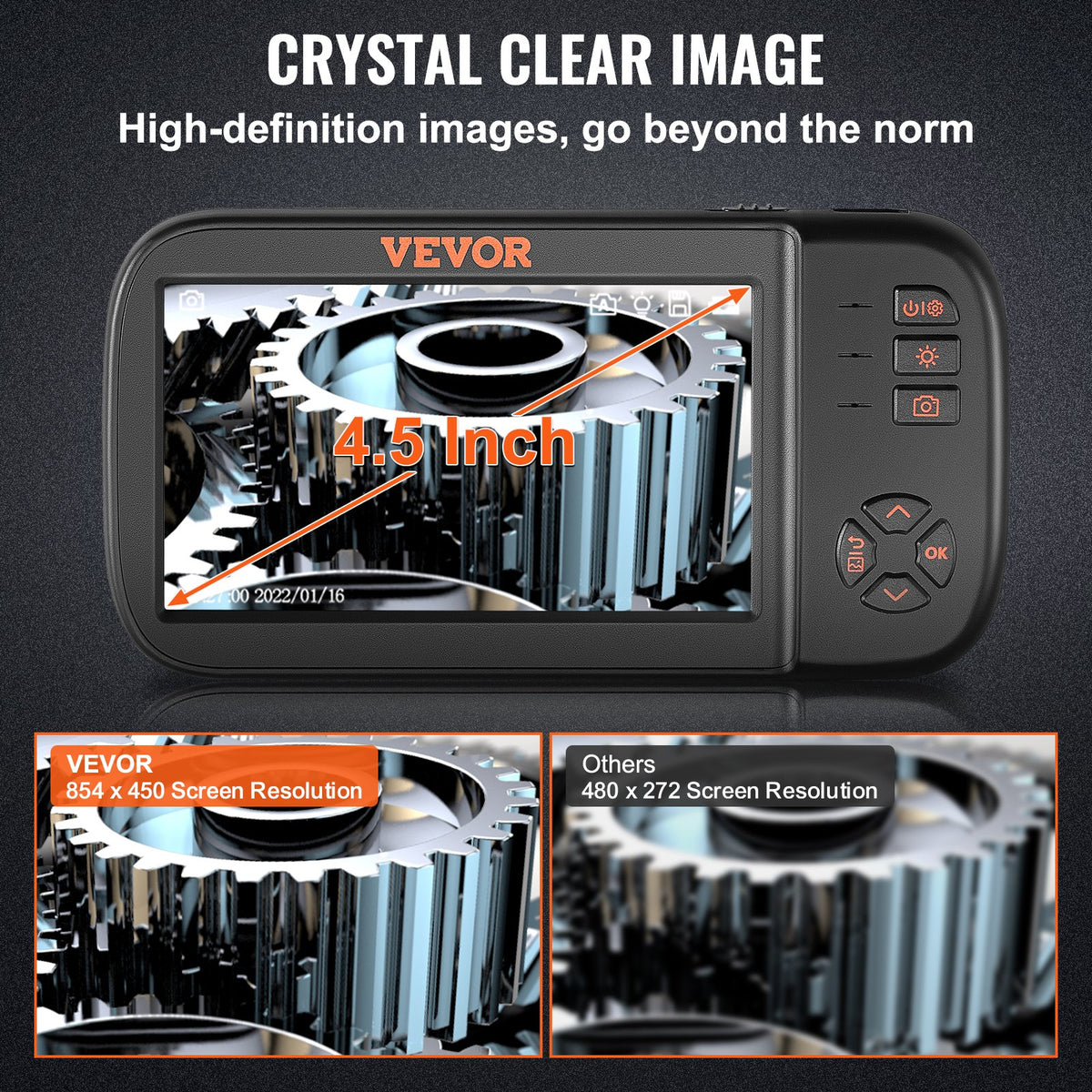 VEVOR Three-Lens Endoscope Camera with 11.43 cm IPS Screen, 1080P Lens, Semi-Rigid Cable Structure, IP67 Waterproof
