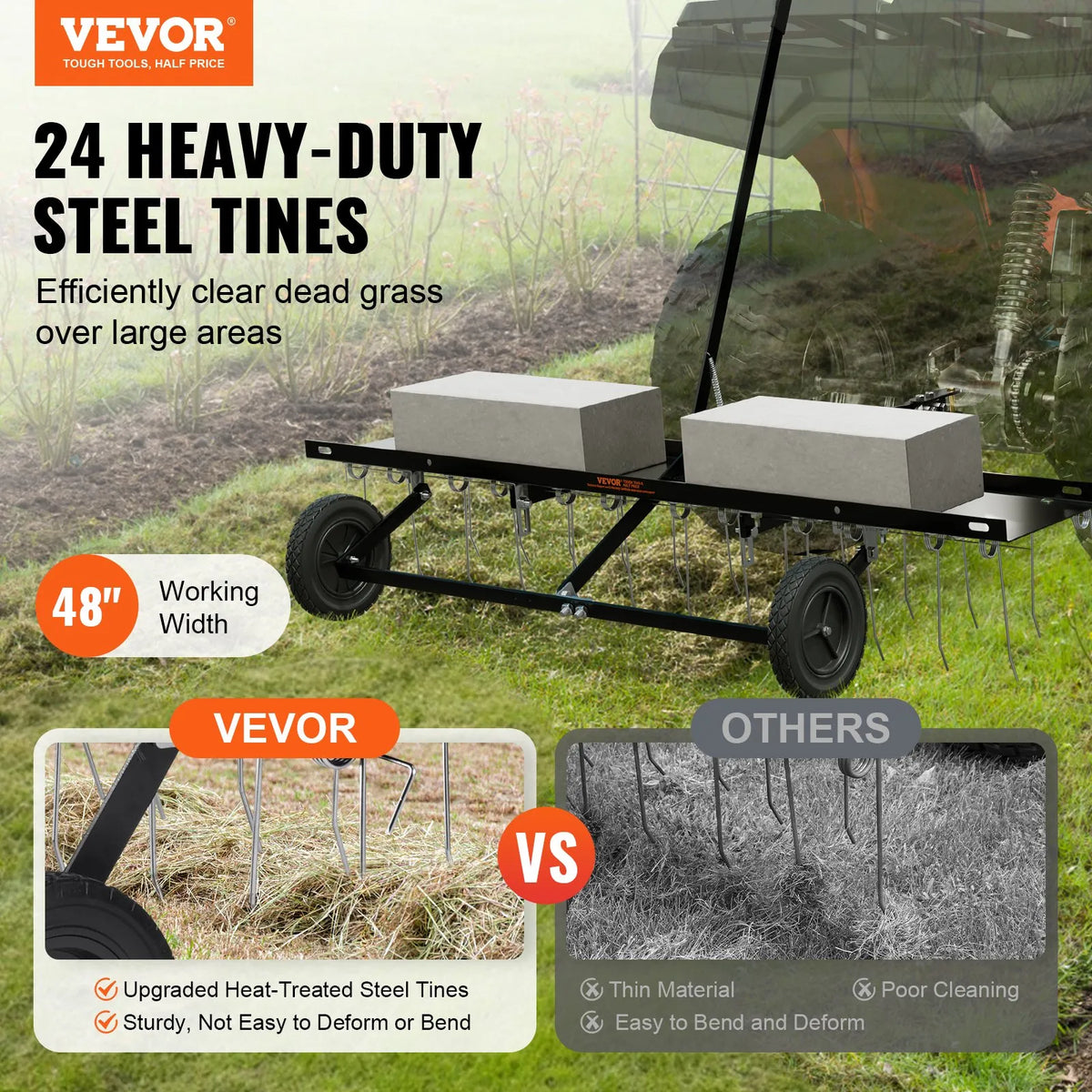 VEVOR Tow-Behind Lawn Scarifier, 122 cm Working Width, with 24 Spring Steel Tines, Lawn Scarifier Rake for ATV or Lawn Mower, Tow-Behind Lawn Rake with Lift Handle for Garden, Farm and Lawn