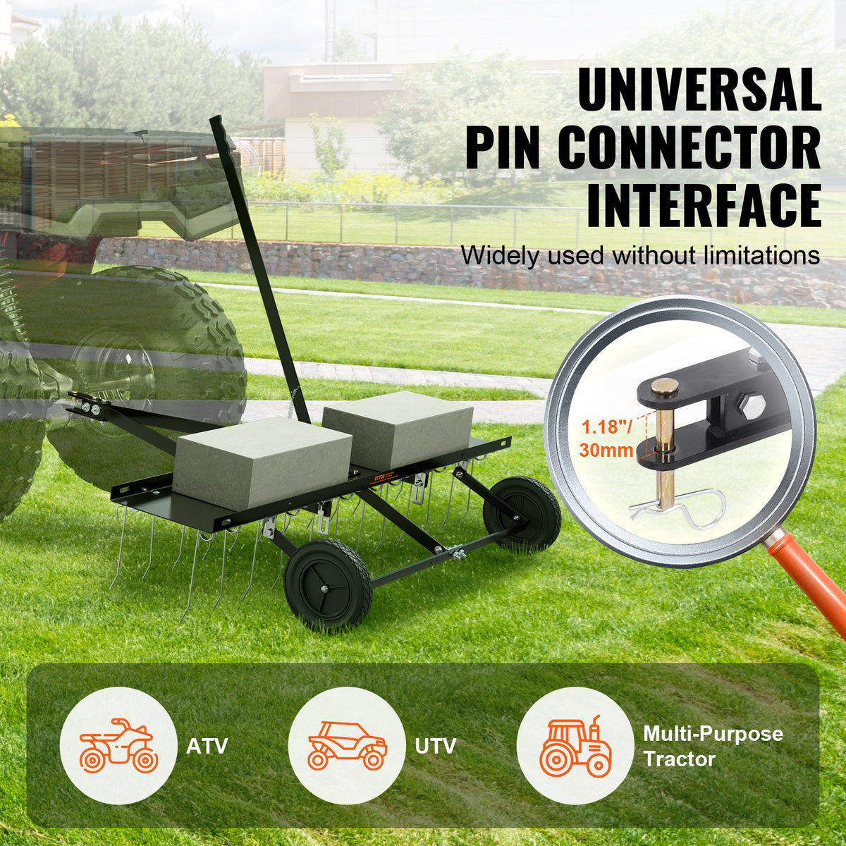 VEVOR Tow-Behind Lawn Scarifier, 122 cm Working Width, with 24 Spring Steel Tines, Lawn Scarifier Rake for ATV or Lawn Mower, Tow-Behind Lawn Rake with Lift Handle for Garden, Farm and Lawn