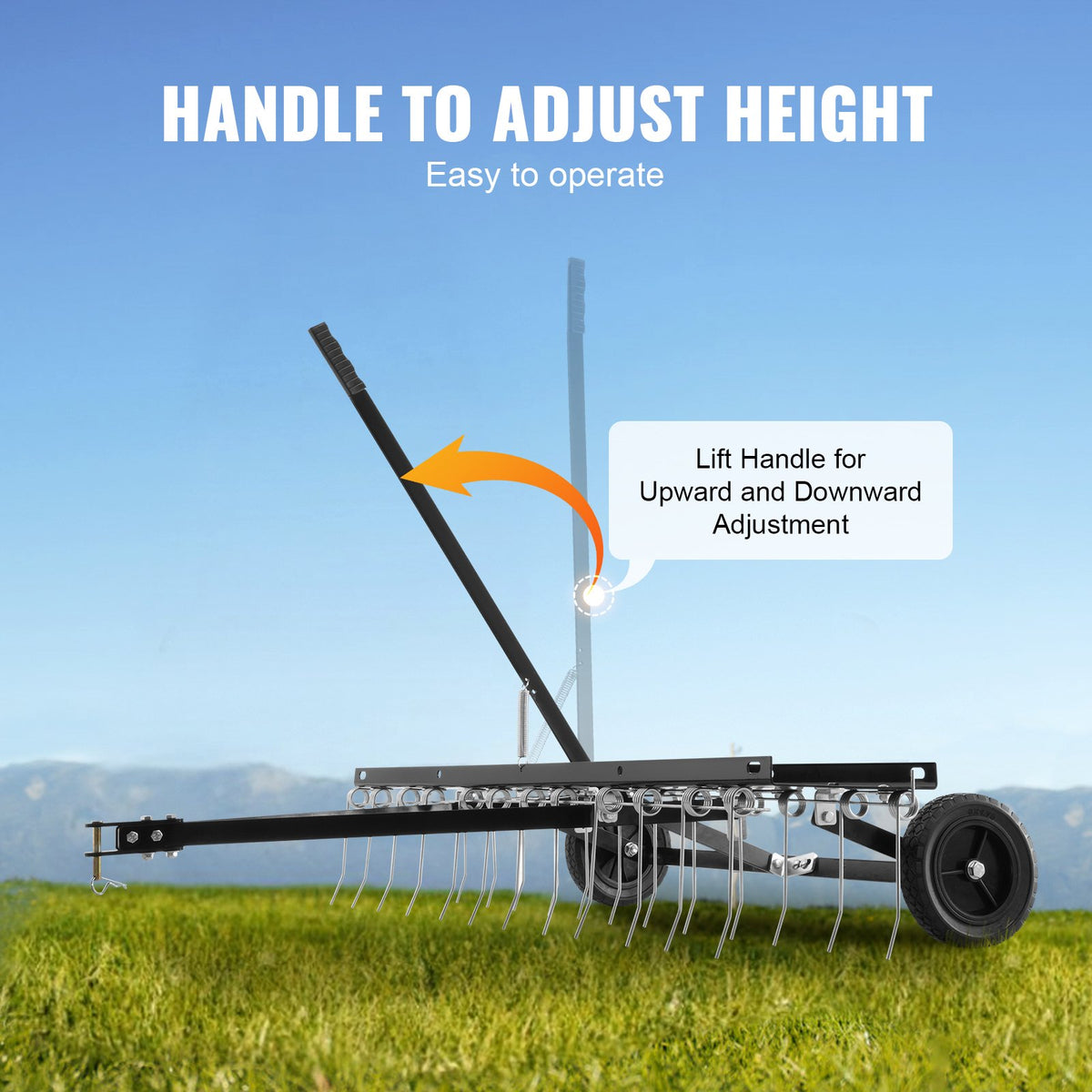 VEVOR Tow-Behind Lawn Scarifier, 122 cm Working Width, with 24 Spring Steel Tines, Lawn Scarifier Rake for ATV or Lawn Mower, Tow-Behind Lawn Rake with Lift Handle for Garden, Farm and Lawn