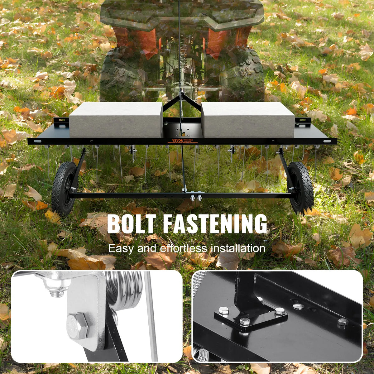 VEVOR Tow-Behind Lawn Scarifier, 122 cm Working Width, with 24 Spring Steel Tines, Lawn Scarifier Rake for ATV or Lawn Mower, Tow-Behind Lawn Rake with Lift Handle for Garden, Farm and Lawn