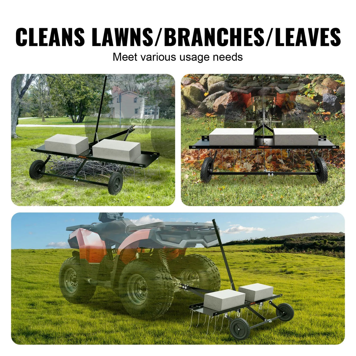 VEVOR Tow-Behind Lawn Scarifier, 122 cm Working Width, with 24 Spring Steel Tines, Lawn Scarifier Rake for ATV or Lawn Mower, Tow-Behind Lawn Rake with Lift Handle for Garden, Farm and Lawn