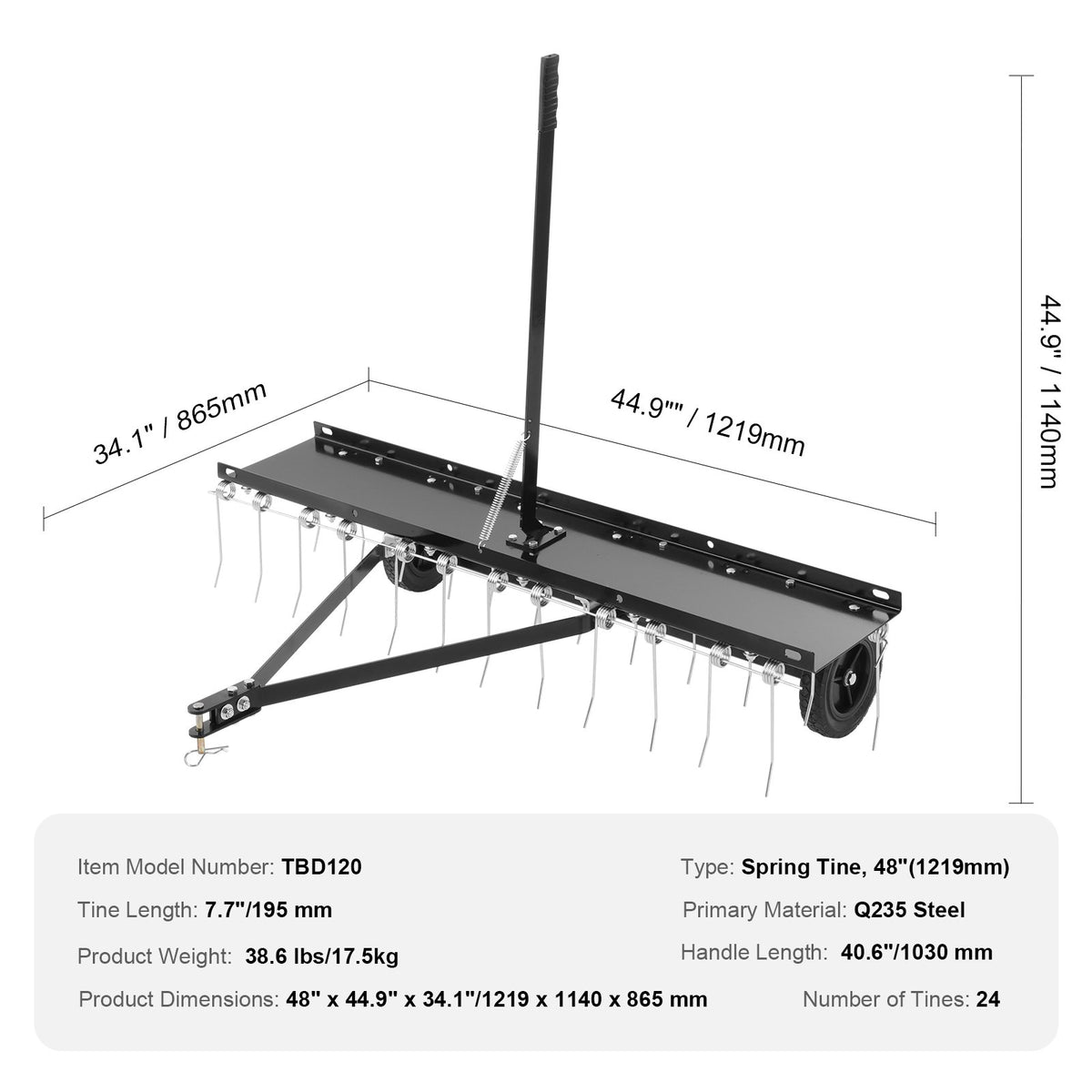 VEVOR Tow-Behind Lawn Scarifier, 122 cm Working Width, with 24 Spring Steel Tines, Lawn Scarifier Rake for ATV or Lawn Mower, Tow-Behind Lawn Rake with Lift Handle for Garden, Farm and Lawn
