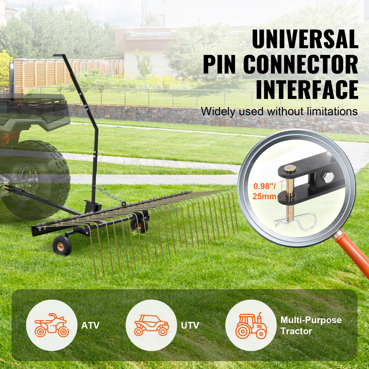 VEVOR Tow-Behind Lawn Dethatcher, 152 cm Lawn Rake Attachment for ATV or Lawn Mower, 24 Tines