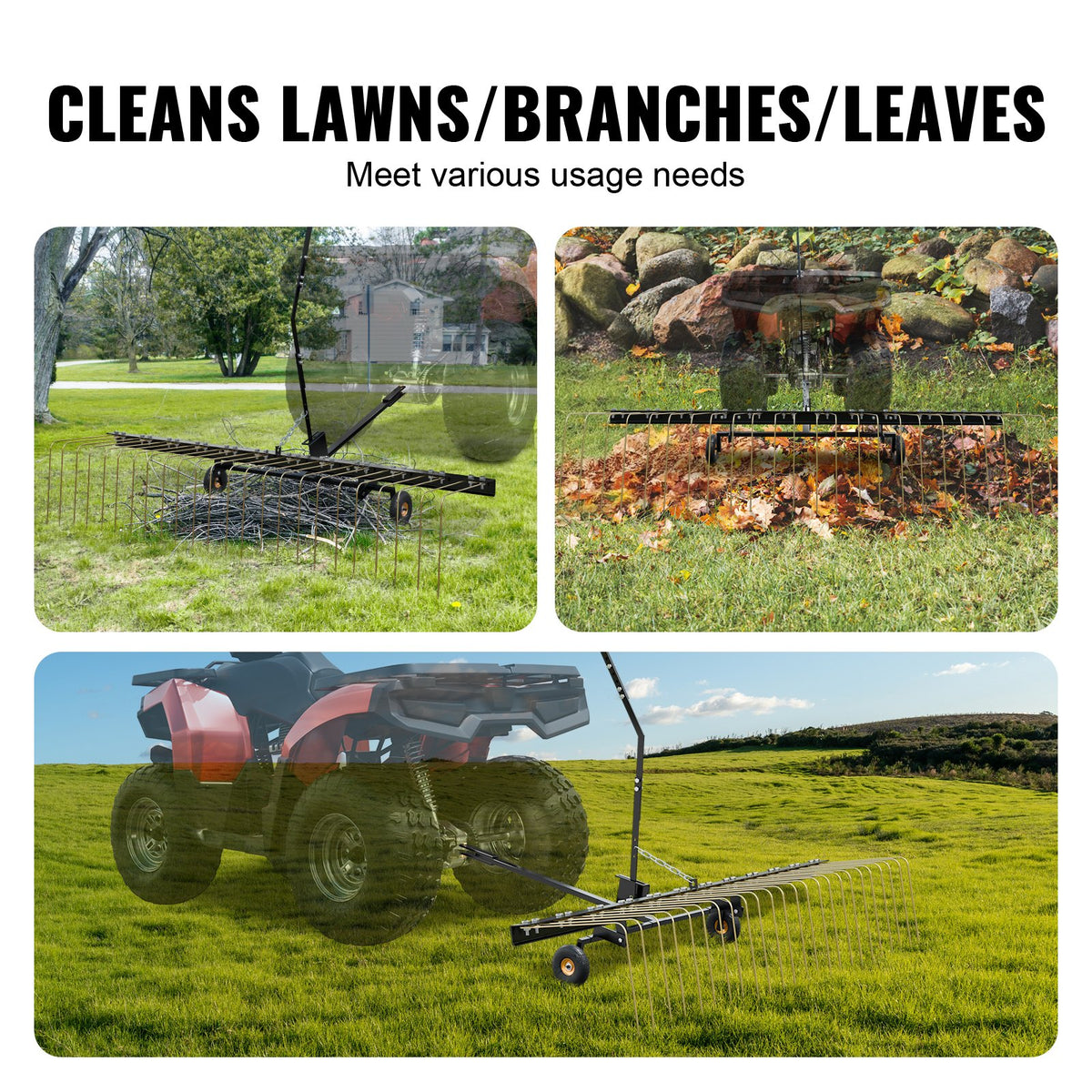 VEVOR Tow-Behind Lawn Dethatcher, 152 cm Lawn Rake Attachment for ATV or Lawn Mower, 24 Tines