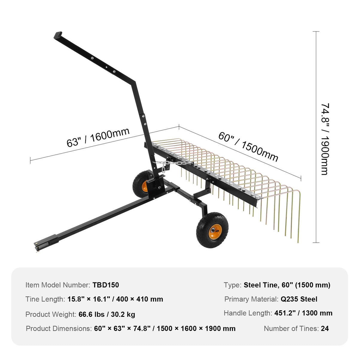 VEVOR Tow-Behind Lawn Dethatcher, 152 cm Lawn Rake Attachment for ATV or Lawn Mower, 24 Tines