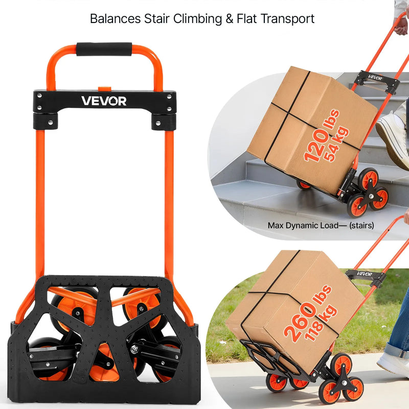 VEVOR kāpņu ratiņi ar 54 kg nestspēju, salokāmi pārvietošanas ratiņi ar teleskopisku rokturi, 6 riteņi un 2 elastīgās stiprinājuma auklas, piemēroti mājai, pārtikas pārvadāšanai un noliktavai