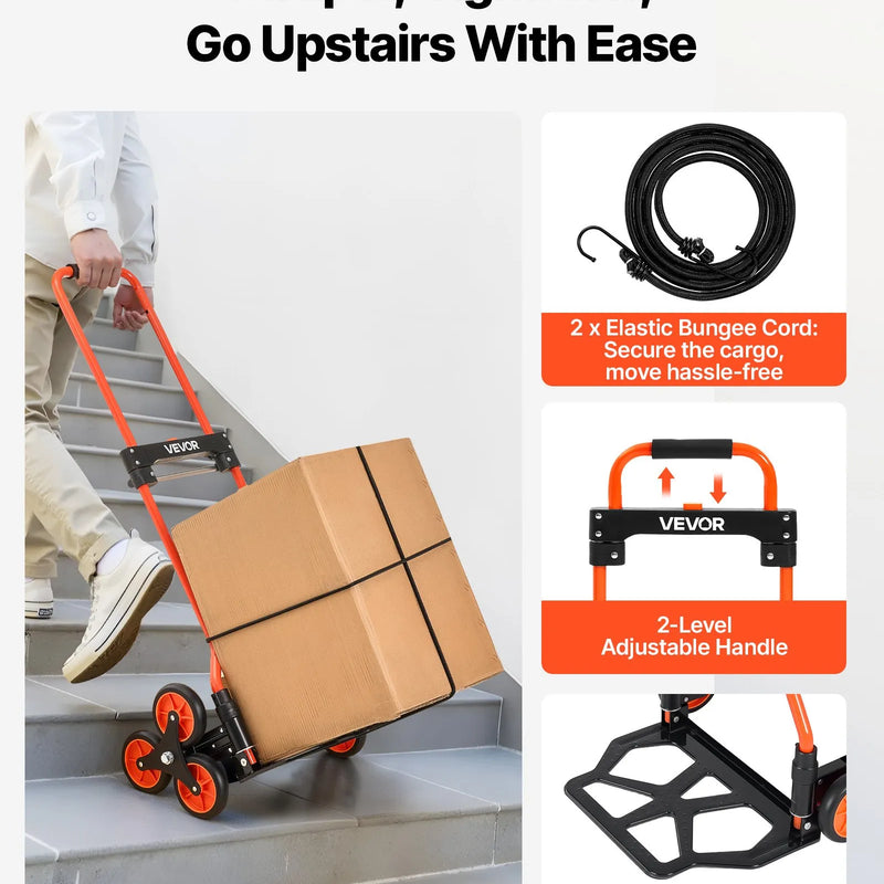 VEVOR kāpņu ratiņi ar 54 kg nestspēju, salokāmi pārvietošanas ratiņi ar teleskopisku rokturi, 6 riteņi un 2 elastīgās stiprinājuma auklas, piemēroti mājai, pārtikas pārvadāšanai un noliktavai