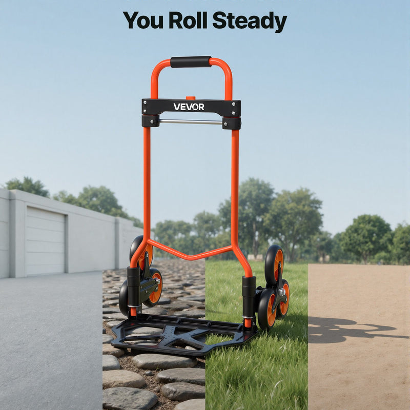 VEVOR kāpņu ratiņi ar 54 kg nestspēju, salokāmi pārvietošanas ratiņi ar teleskopisku rokturi, 6 riteņi un 2 elastīgās stiprinājuma auklas, piemēroti mājai, pārtikas pārvadāšanai un noliktavai