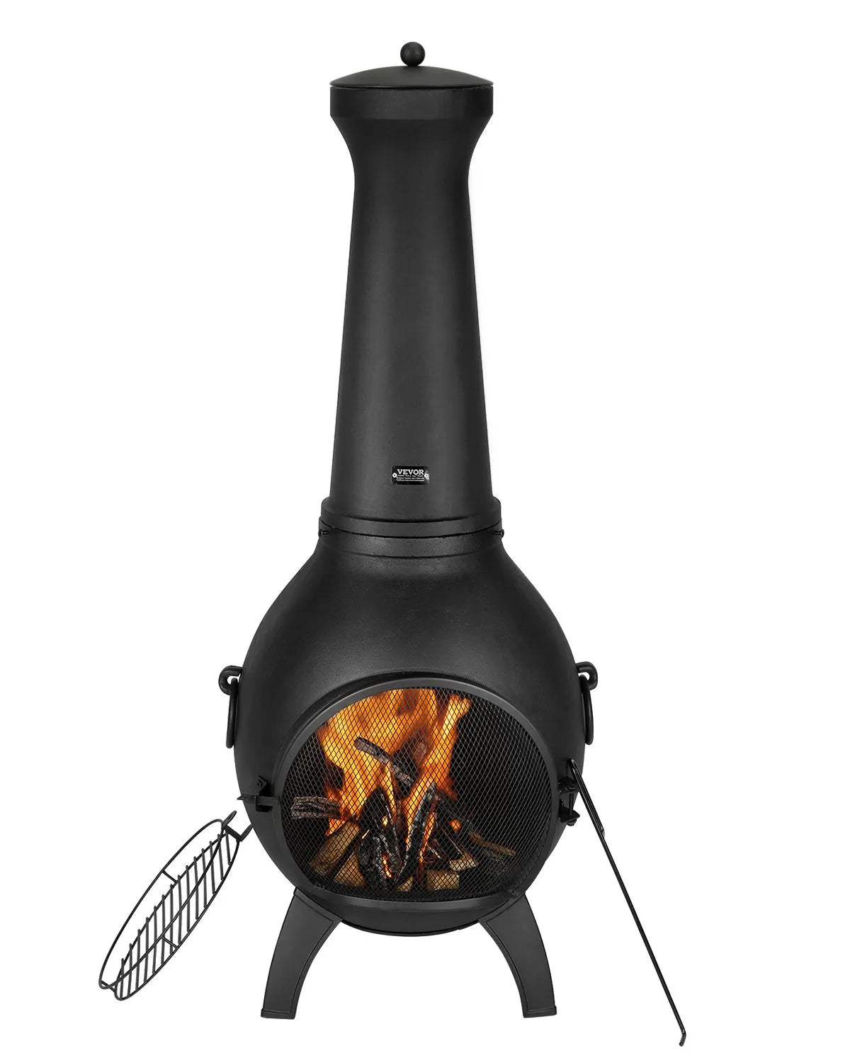 VEVOR Chimney, 46 cm Outdoor Wood Burning Fire Pit, Spherical Design Grill and Heater, Outdoor Fire Pit with Grill Grate, Chimney Cap and Rust-Resistant Cover, for Terrace, Garden and Patio