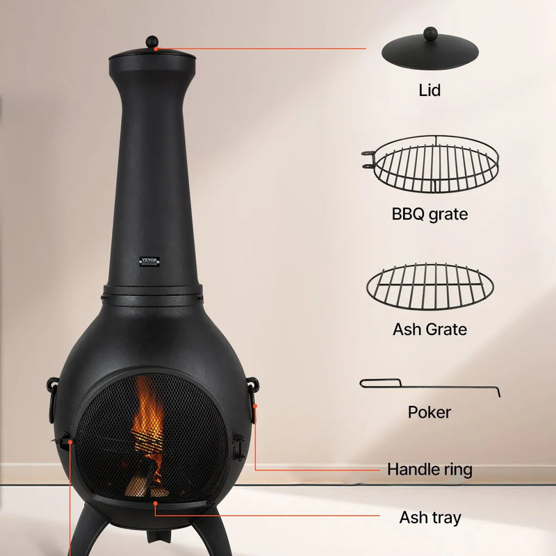VEVOR čimineja, 46 cm āra malkas ugunskura kamīns, sfērisks dizains grilēšanai un sildīšanai, āra ugunskura kamīns ar grila sietu, skursteņa pārvalku un rūsas izturīgu vāku, terasei, dārzam un pagalmam