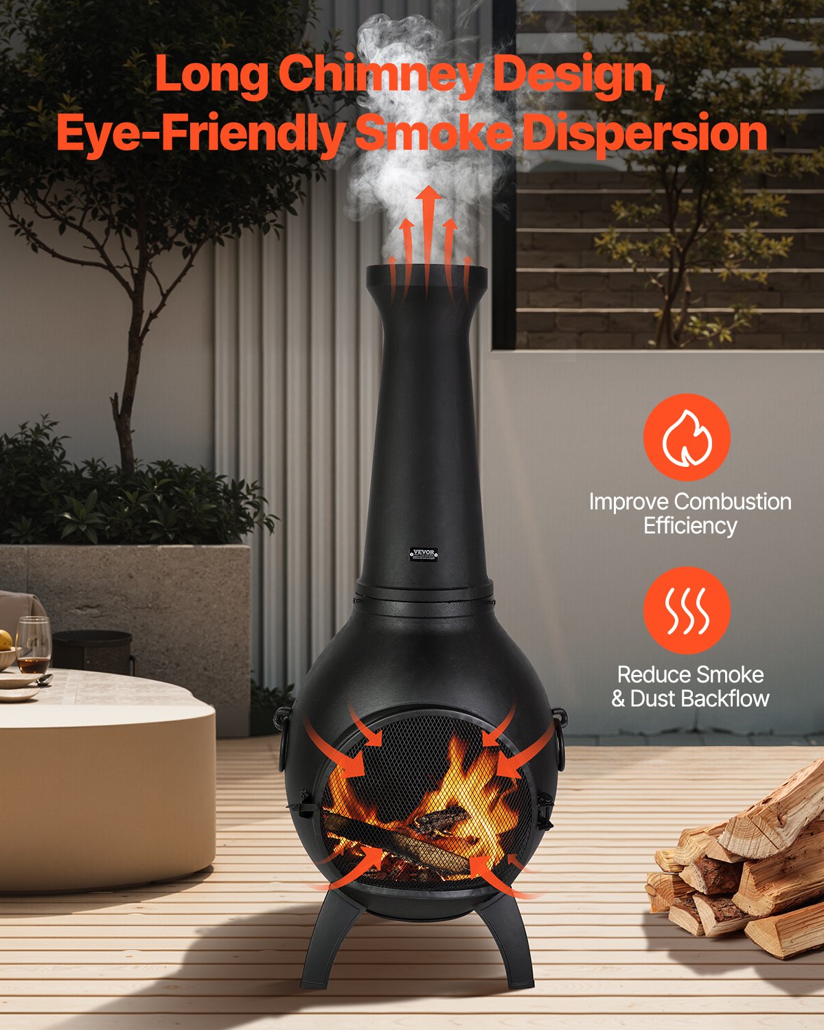 VEVOR Chimney, 46 cm Outdoor Wood Burning Fire Pit, Spherical Design Grill and Heater, Outdoor Fire Pit with Grill Grate, Chimney Cap and Rust-Resistant Cover, for Terrace, Garden and Patio
