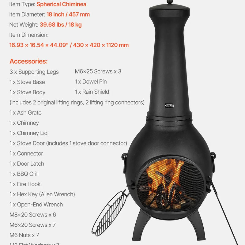 VEVOR čimineja, 46 cm āra malkas ugunskura kamīns, sfērisks dizains grilēšanai un sildīšanai, āra ugunskura kamīns ar grila sietu, skursteņa pārvalku un rūsas izturīgu vāku, terasei, dārzam un pagalmam