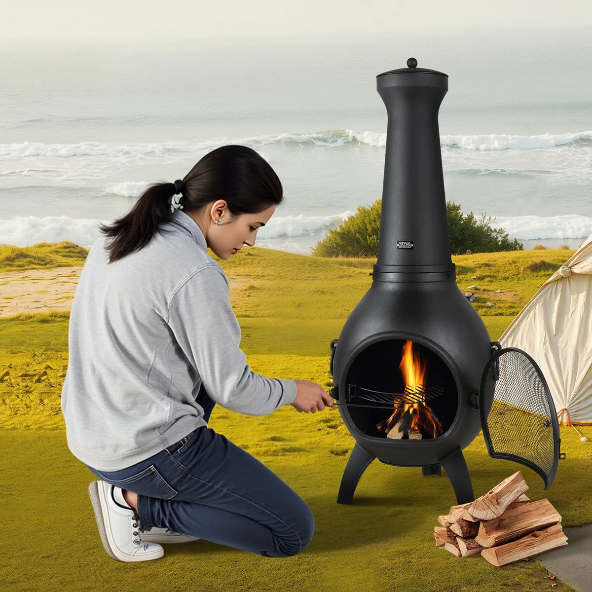 VEVOR Chimney, 46 cm Outdoor Wood Burning Fire Pit, Spherical Design Grill and Heater, Outdoor Fire Pit with Grill Grate, Chimney Cap and Rust-Resistant Cover, for Terrace, Garden and Patio
