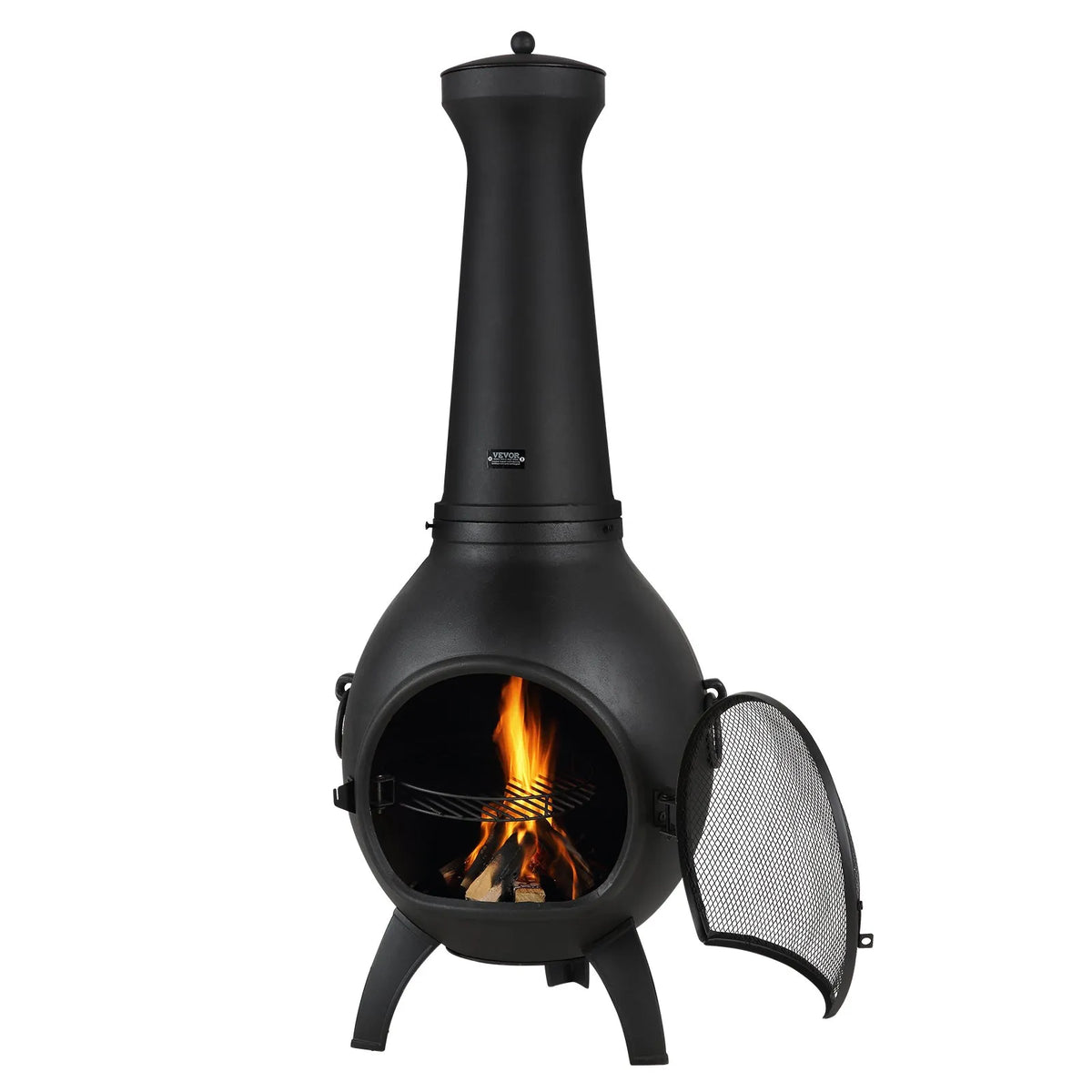 VEVOR Chiminea, 56 cm Outdoor Wood Burning Fire Pit, Spherical Design Fireplace for Grilling and Heating, Aluminium Fire Pit with Grill Grate, Chimney Cap and Rust-Resistant Lid, for Terrace, Garden and Patio