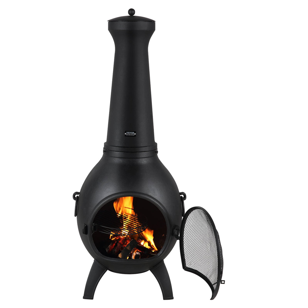 VEVOR Chiminea, 56 cm Outdoor Wood Burning Fire Pit, Spherical Design Fireplace for Grilling and Heating, Aluminium Fire Pit with Grill Grate, Chimney Cap and Rust-Resistant Lid, for Terrace, Garden and Patio