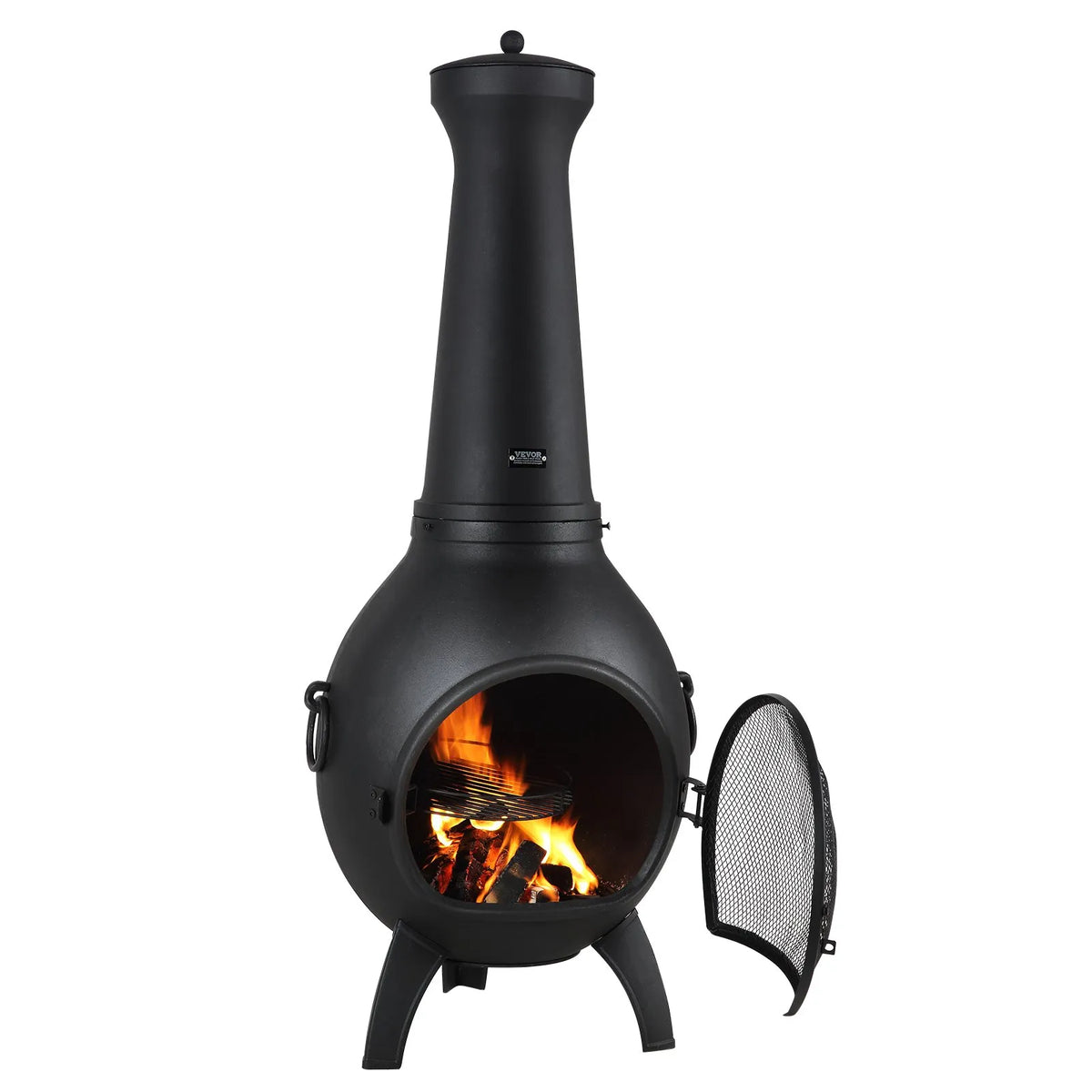 VEVOR Chiminea, 56 cm Outdoor Wood Burning Fire Pit, Spherical Design Fireplace for Grilling and Heating, Aluminium Fire Pit with Grill Grate, Chimney Cap and Rust-Resistant Lid, for Terrace, Garden and Patio