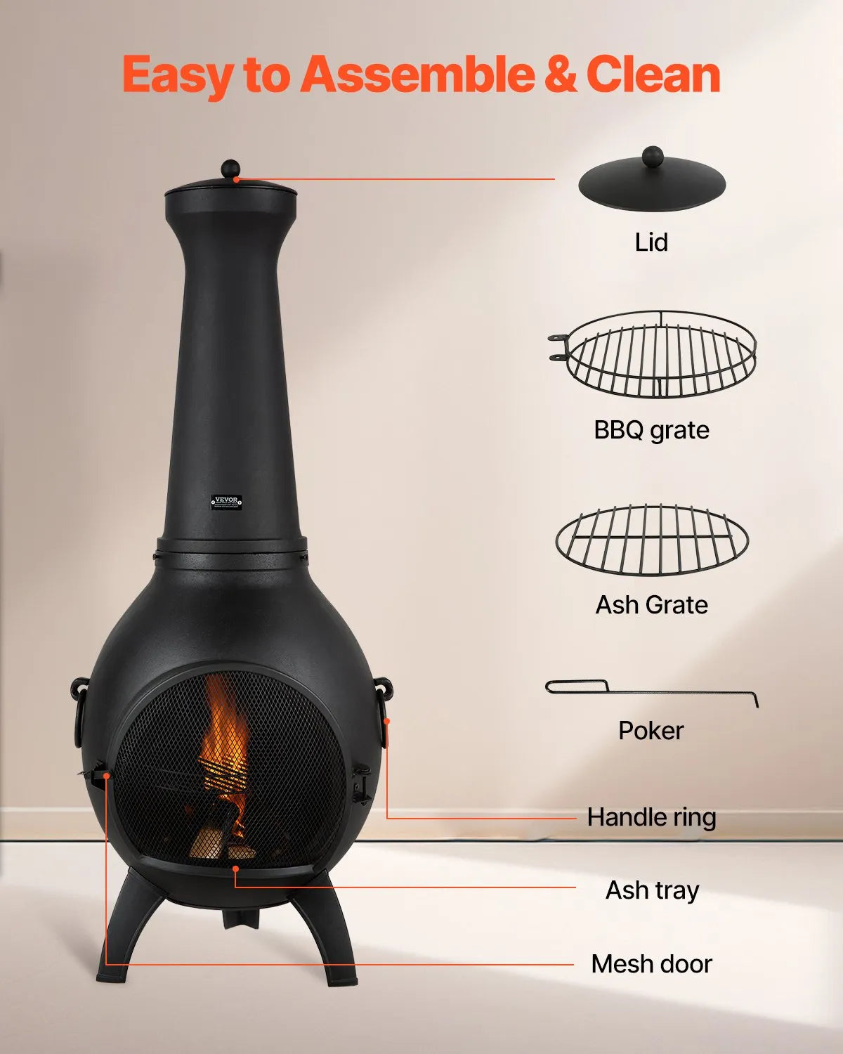 VEVOR Chiminea, 56 cm Outdoor Wood Burning Fire Pit, Spherical Design Fireplace for Grilling and Heating, Aluminium Fire Pit with Grill Grate, Chimney Cap and Rust-Resistant Lid, for Terrace, Garden and Patio
