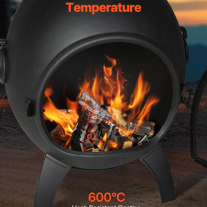 VEVOR čimineja, 56 cm āra malkas ugunskura kamīns, sfērisks dizains grilēšanai un sildīšanai, alumīnija ugunskura kamīns ar grila sietu, skursteņa pārvalku un rūsas izturīgu vāku, terasei, dārzam un pagalmam