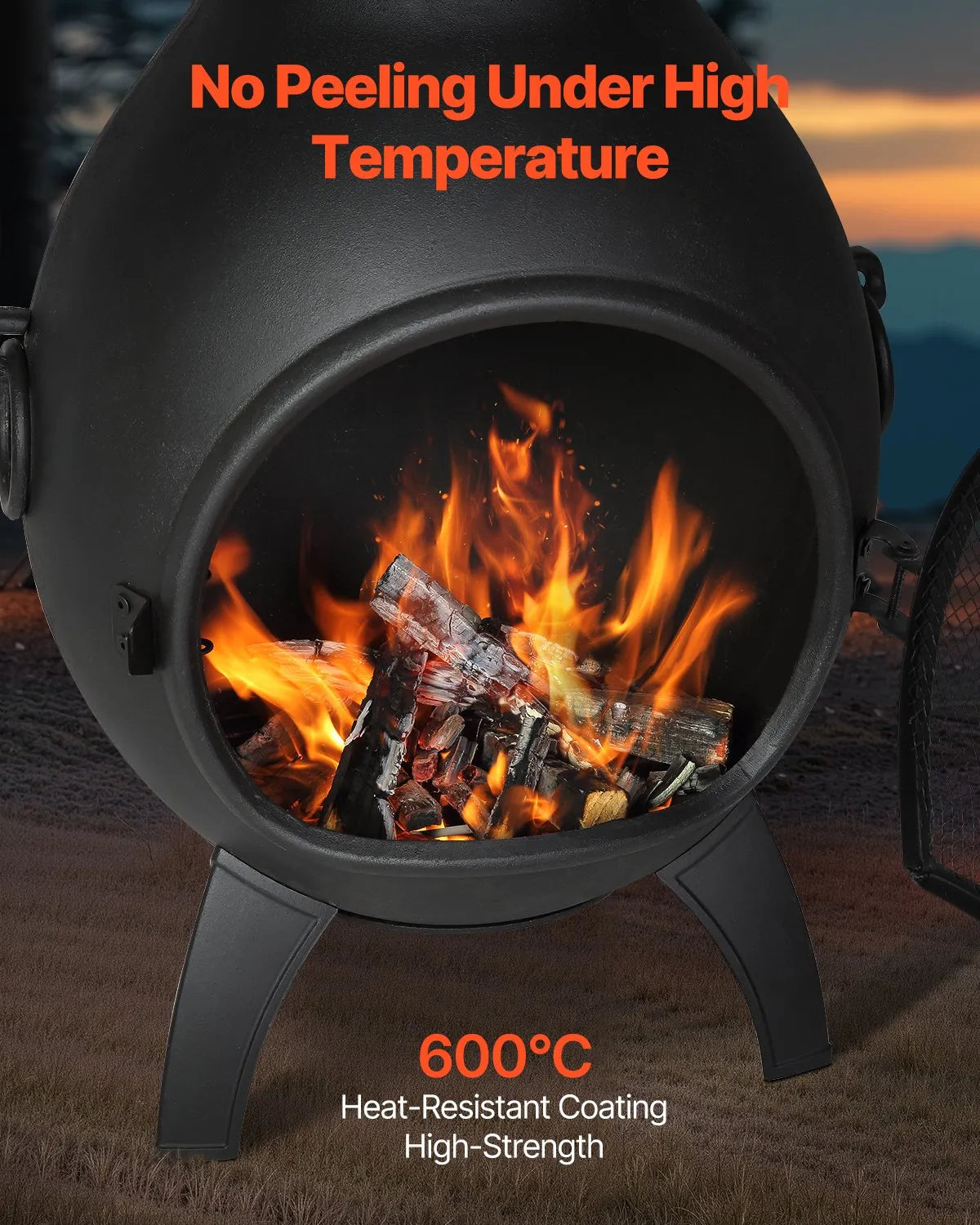 VEVOR Chiminea, 56 cm Outdoor Wood Burning Fire Pit, Spherical Design Fireplace for Grilling and Heating, Aluminium Fire Pit with Grill Grate, Chimney Cap and Rust-Resistant Lid, for Terrace, Garden and Patio