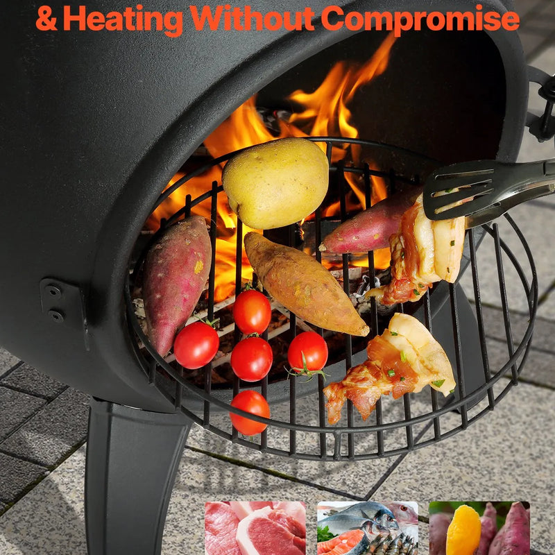 VEVOR čimineja, 56 cm āra malkas ugunskura kamīns, sfērisks dizains grilēšanai un sildīšanai, alumīnija ugunskura kamīns ar grila sietu, skursteņa pārvalku un rūsas izturīgu vāku, terasei, dārzam un pagalmam