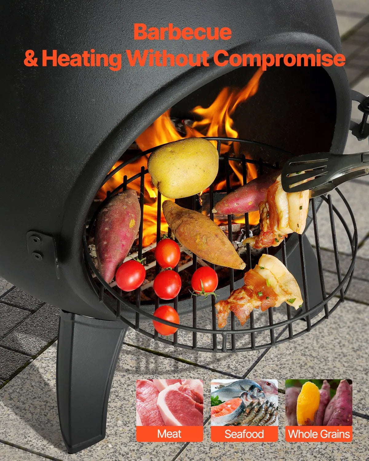 VEVOR Chiminea, 56 cm Outdoor Wood Burning Fire Pit, Spherical Design Fireplace for Grilling and Heating, Aluminium Fire Pit with Grill Grate, Chimney Cap and Rust-Resistant Lid, for Terrace, Garden and Patio