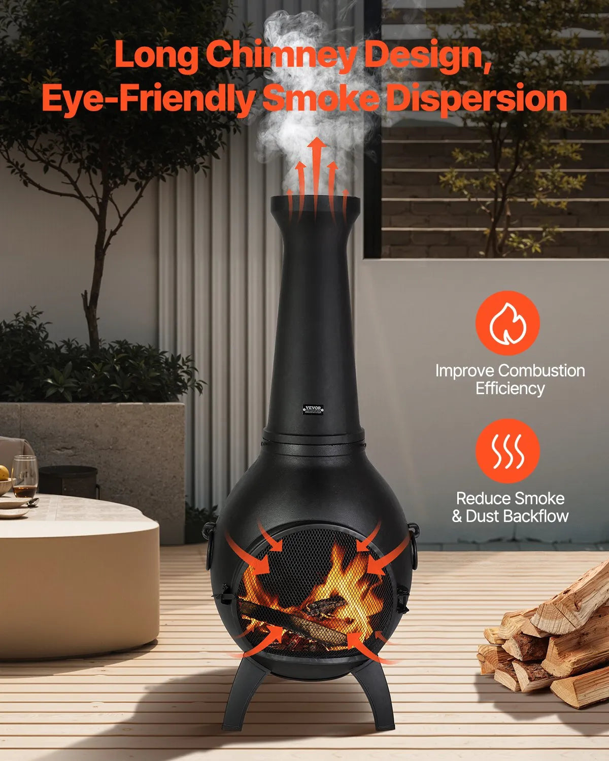 VEVOR Chiminea, 56 cm Outdoor Wood Burning Fire Pit, Spherical Design Fireplace for Grilling and Heating, Aluminium Fire Pit with Grill Grate, Chimney Cap and Rust-Resistant Lid, for Terrace, Garden and Patio