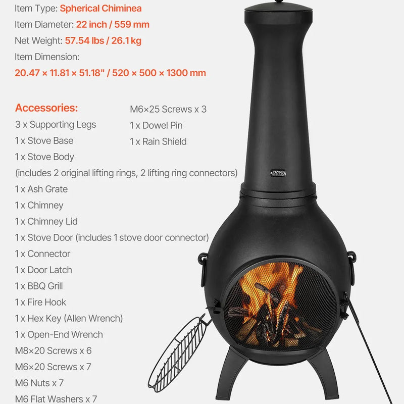 VEVOR čimineja, 56 cm āra malkas ugunskura kamīns, sfērisks dizains grilēšanai un sildīšanai, alumīnija ugunskura kamīns ar grila sietu, skursteņa pārvalku un rūsas izturīgu vāku, terasei, dārzam un pagalmam