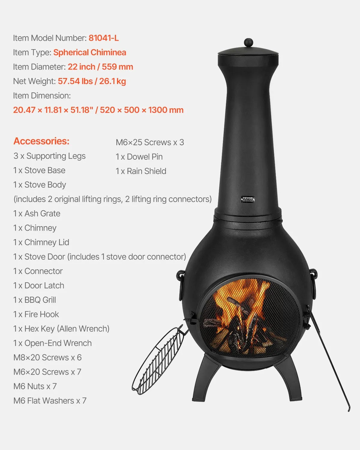 VEVOR Chiminea, 56 cm Outdoor Wood Burning Fire Pit, Spherical Design Fireplace for Grilling and Heating, Aluminium Fire Pit with Grill Grate, Chimney Cap and Rust-Resistant Lid, for Terrace, Garden and Patio