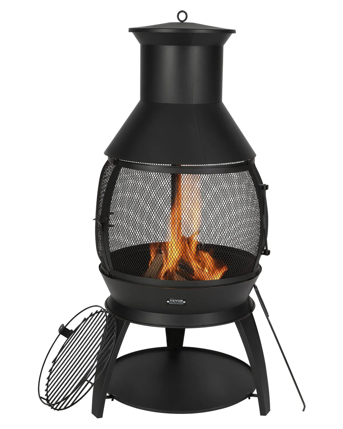 VEVOR Outdoor Wood Burning Fire Pit Chimney 56 cm, Iron Spherical Fireplace with BBQ Grill, Chimney Cap and Rust-Resistant Lid, Suitable for Terrace, Garden and Yard
