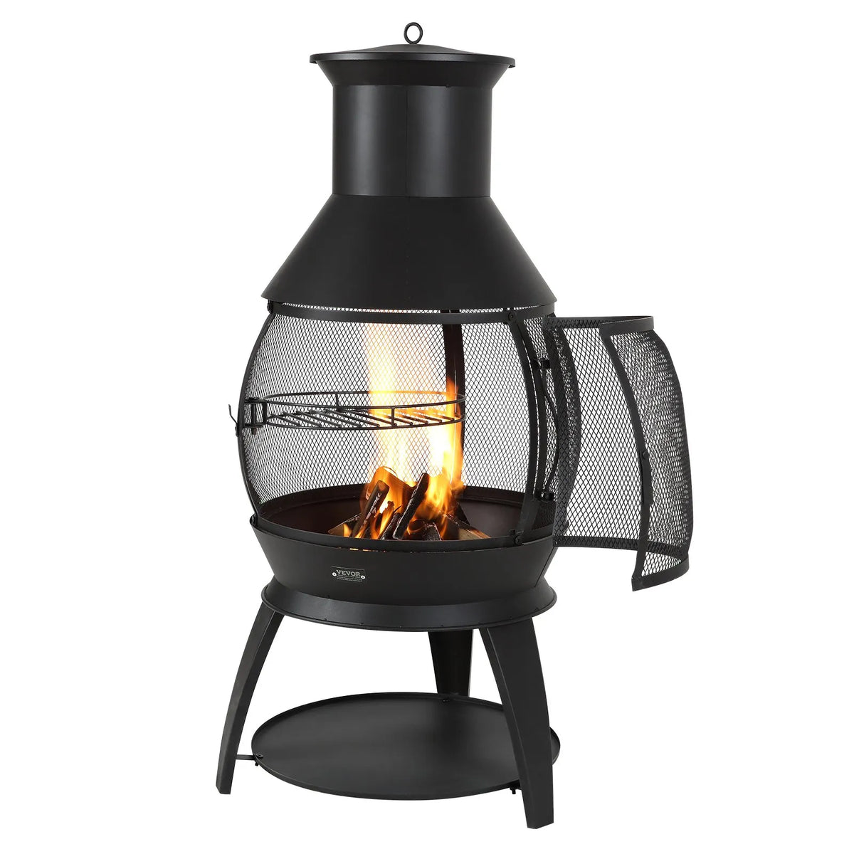 VEVOR Outdoor Wood Burning Fire Pit Chimney 56 cm, Iron Spherical Fireplace with BBQ Grill, Chimney Cap and Rust-Resistant Lid, Suitable for Terrace, Garden and Yard