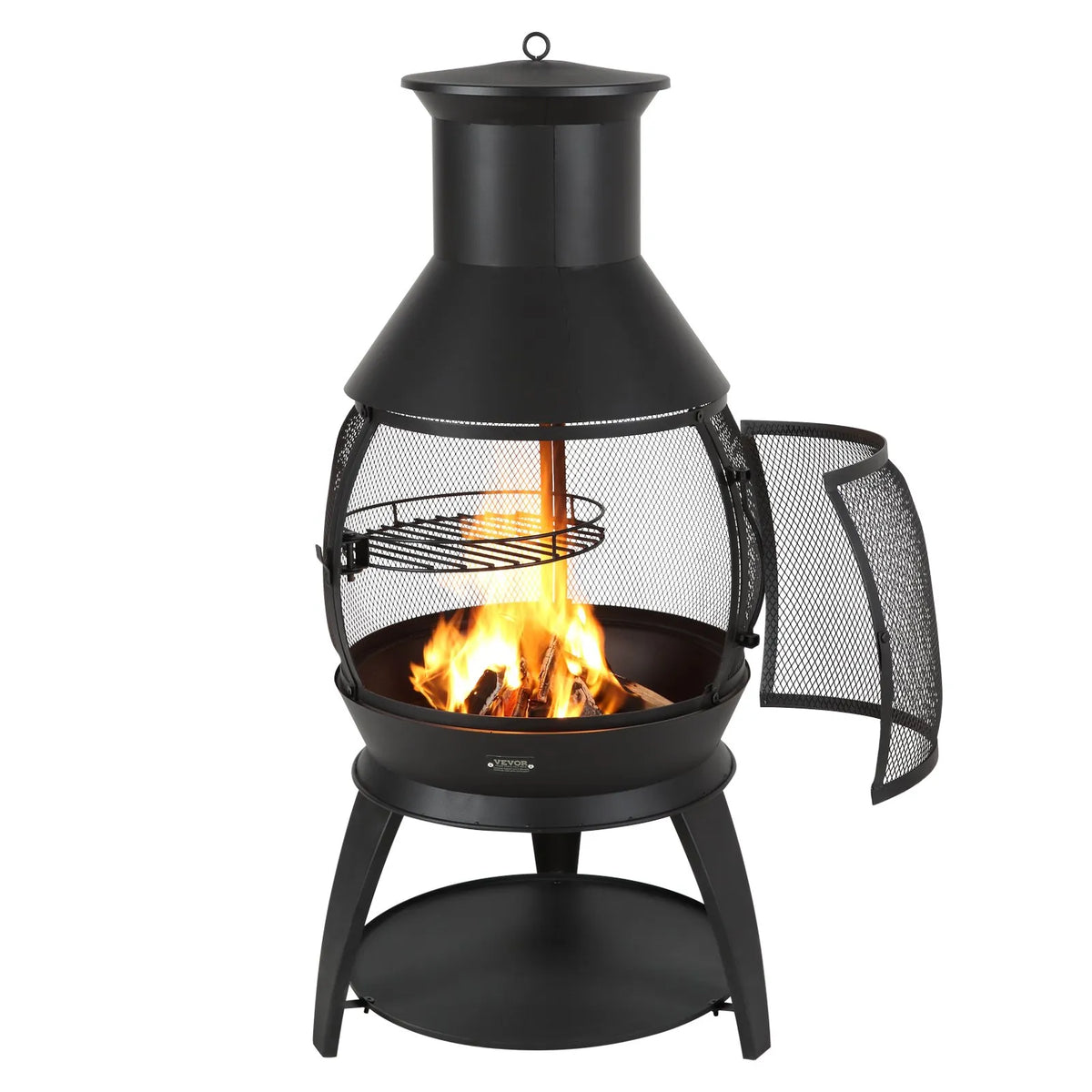 VEVOR Outdoor Wood Burning Fire Pit Chimney 56 cm, Iron Spherical Fireplace with BBQ Grill, Chimney Cap and Rust-Resistant Lid, Suitable for Terrace, Garden and Yard