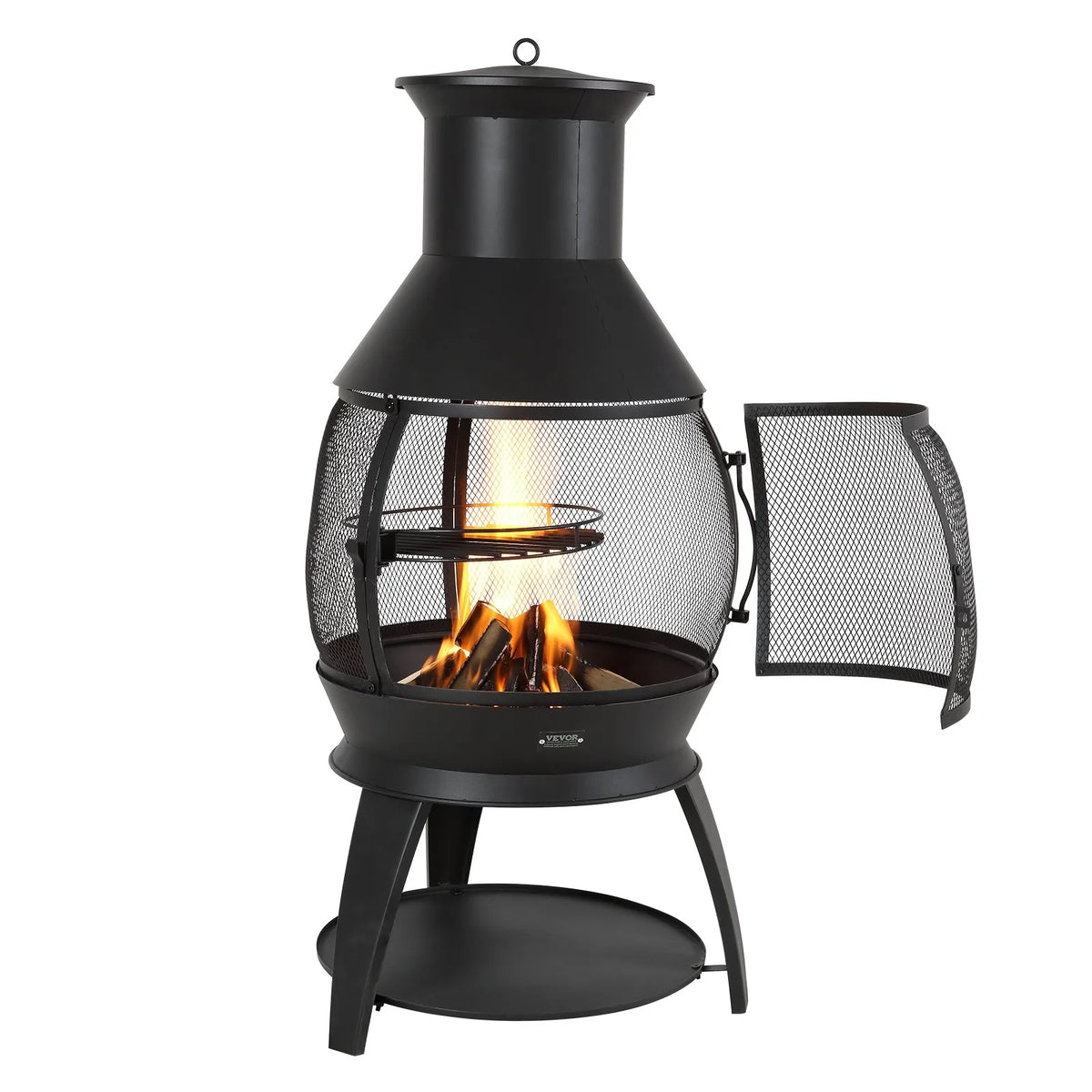 VEVOR Outdoor Wood Burning Fire Pit Chimney 56 cm, Iron Spherical Fireplace with BBQ Grill, Chimney Cap and Rust-Resistant Lid, Suitable for Terrace, Garden and Yard